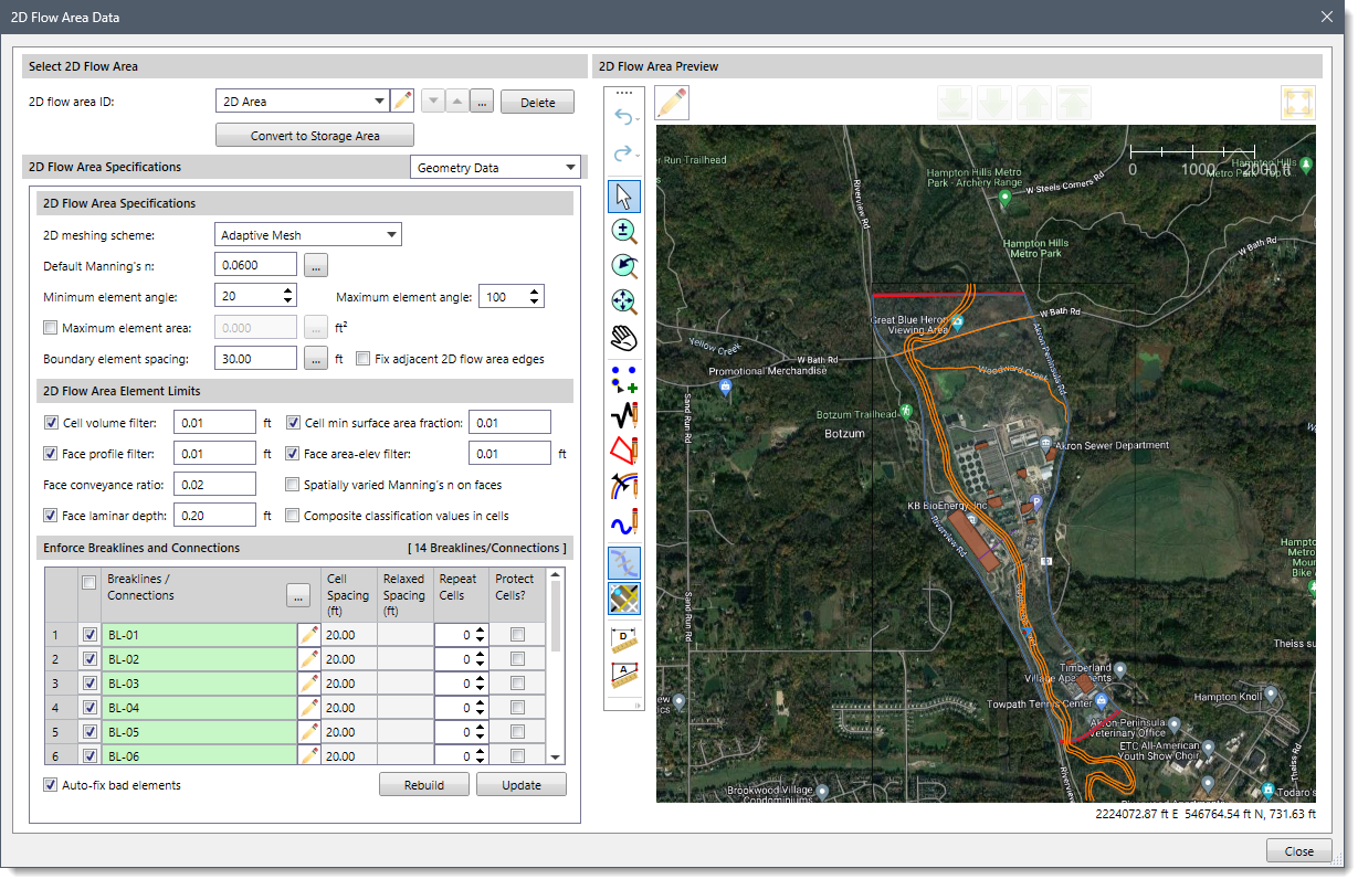 2D Flow Area Data dialog box