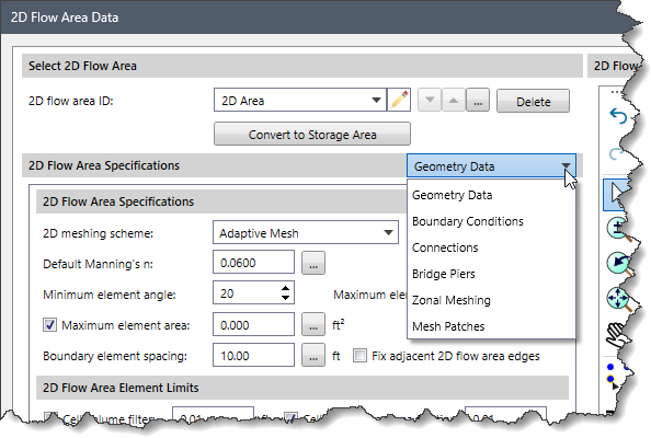 2D Flow Area Specifications dropdown combo box