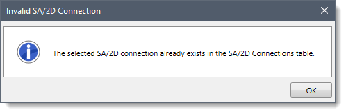 Invalid SA/2D Connection dialog box