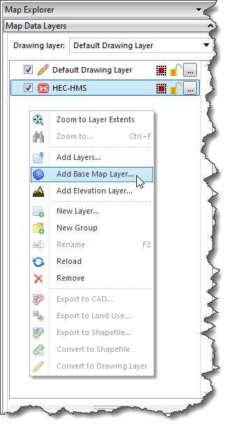 Map Data Layers panel - Add Base Map Layer context menu command