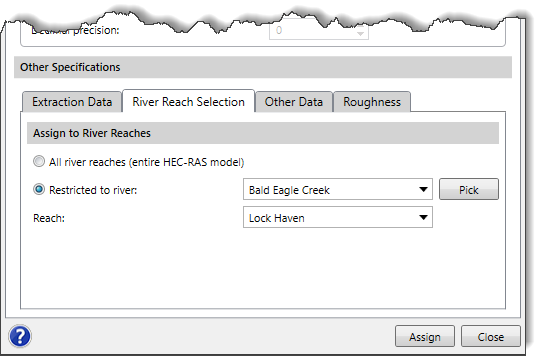 River Reach Selection panel