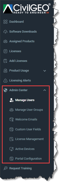 Admin Center menu item