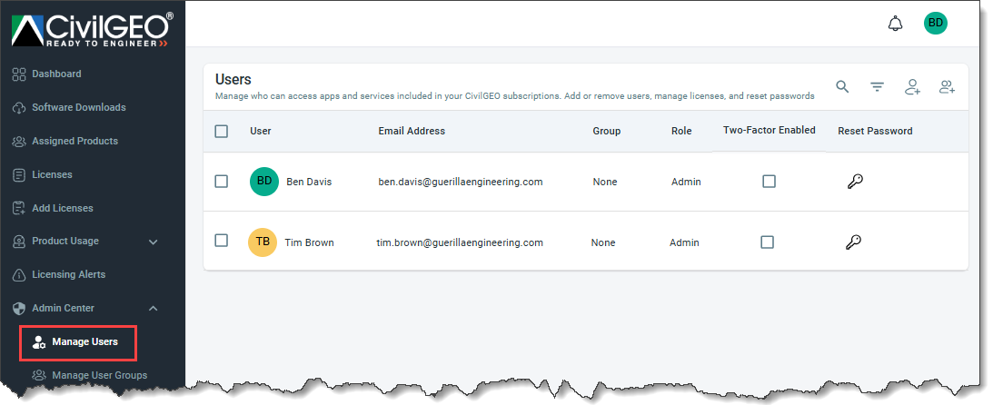 Manage Users option