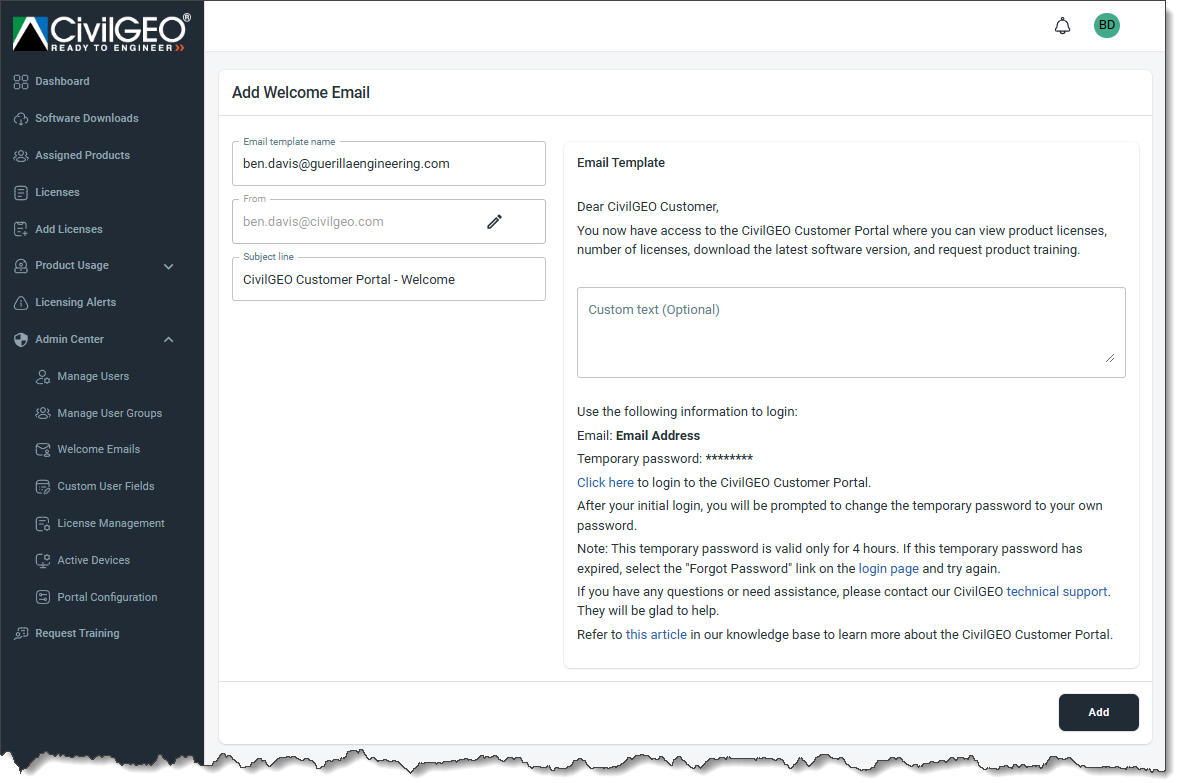 Add Welcome Email page