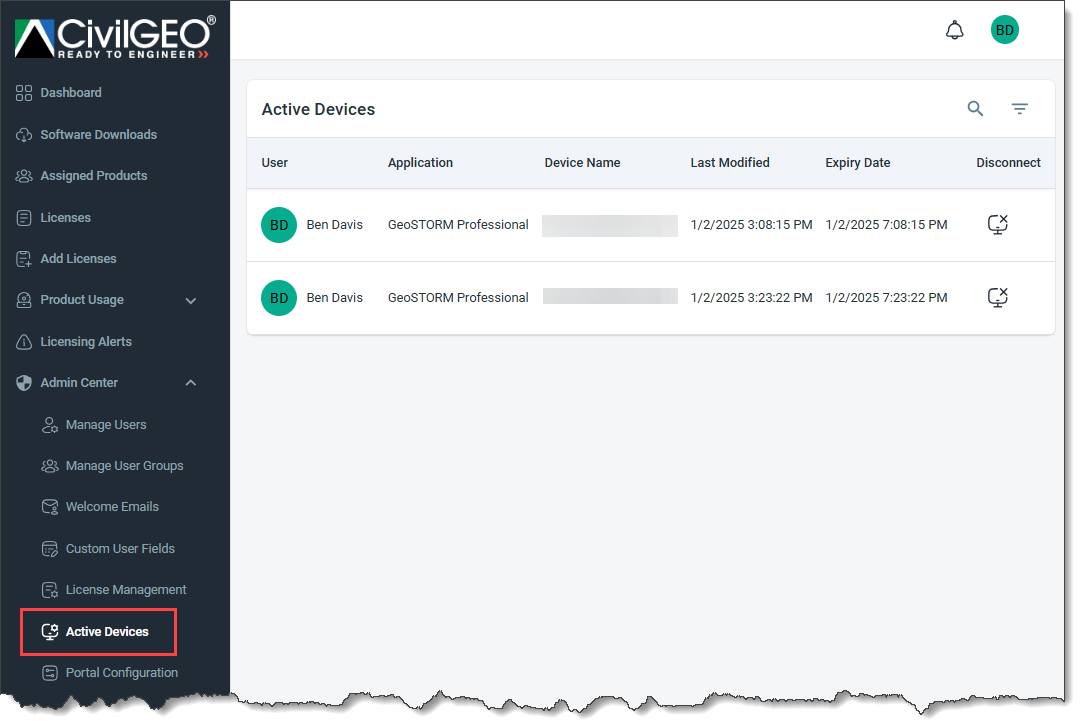 Active Devices page