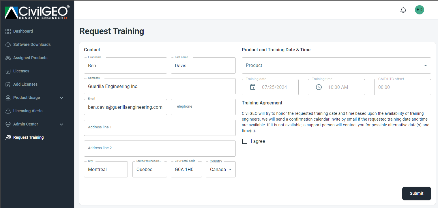 Request Training page