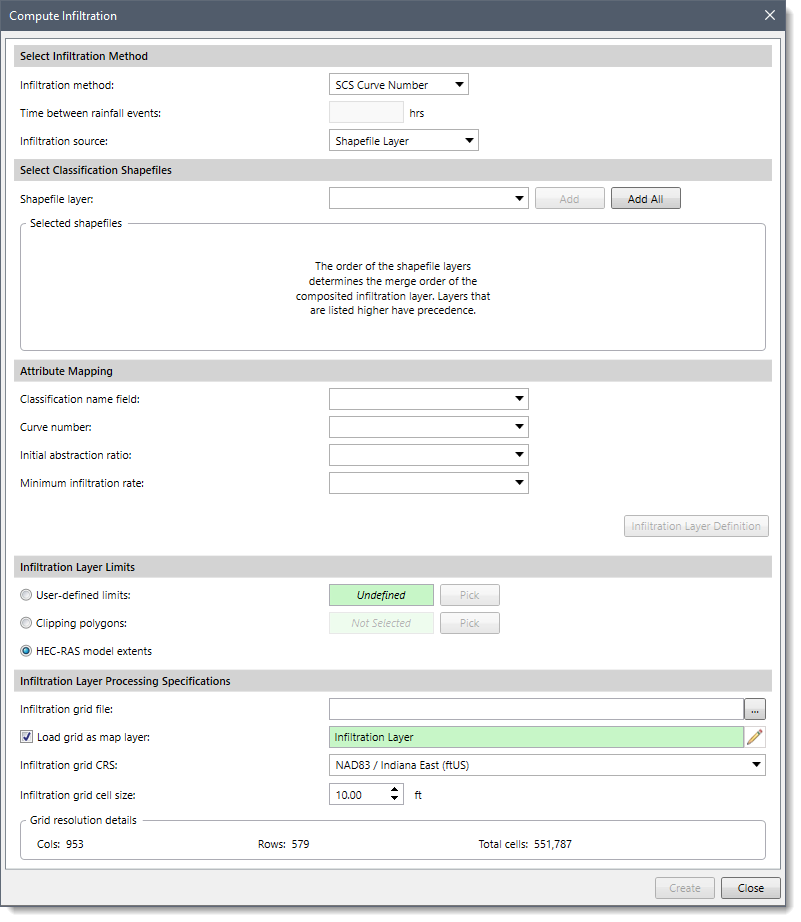 Shapefile Layer option from Infiltration Source dropdown combo box