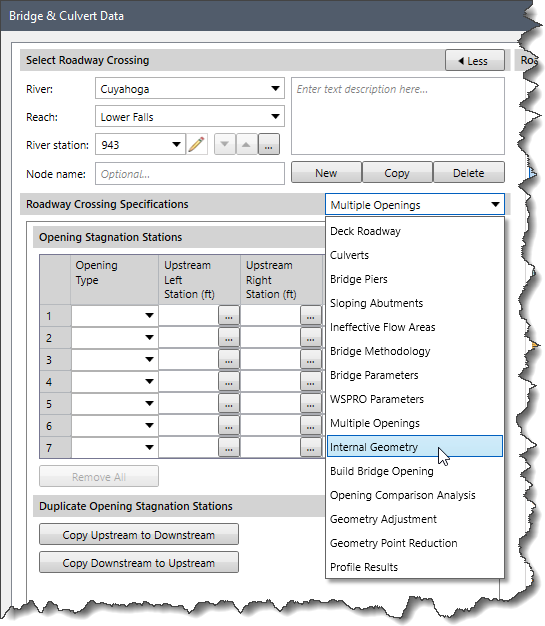Select the Internal Geometry option from the Roadway Crossing Specifications dropdown