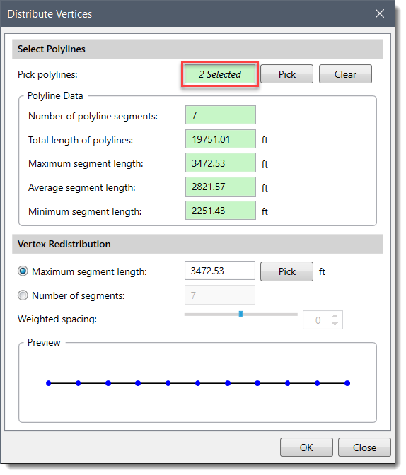 Pick polylines read-only field - number of the selected polyline(s)