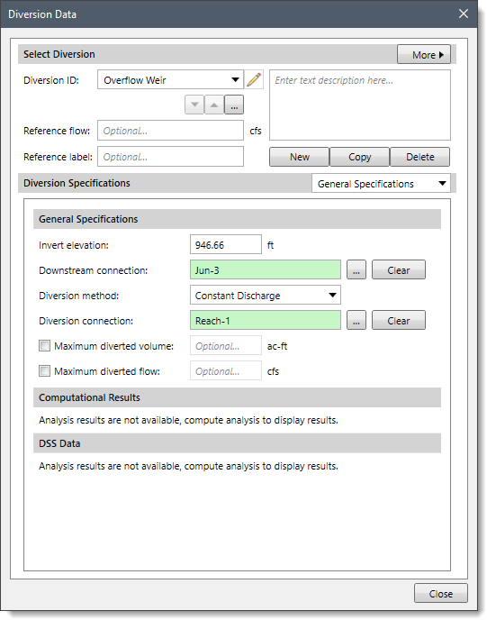 Diversion Data dialog box
