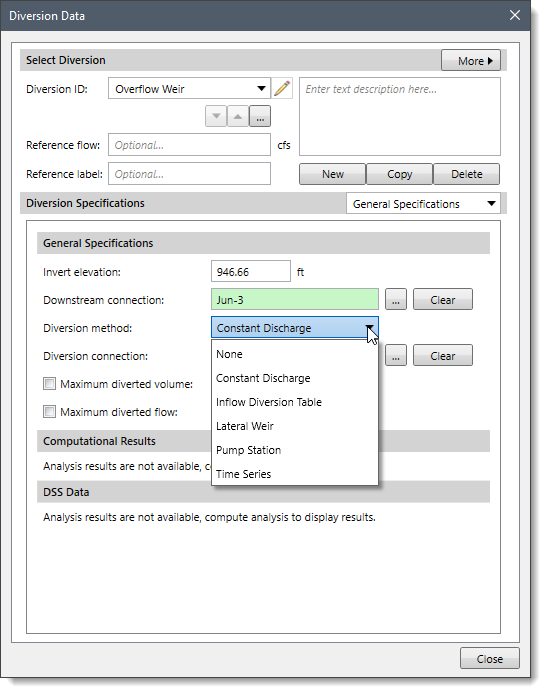 Diversion method dropdown combo box