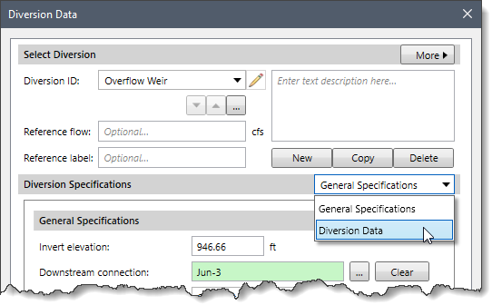 Diversion Specifications dropdown combo box - Diversion Data option