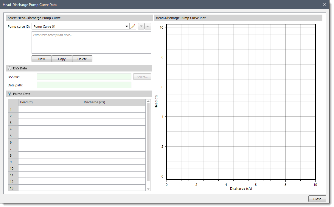 Head Discharge Pump Curve Data dialog box