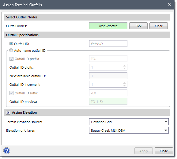 Assign Terminal Outfalls dialog box