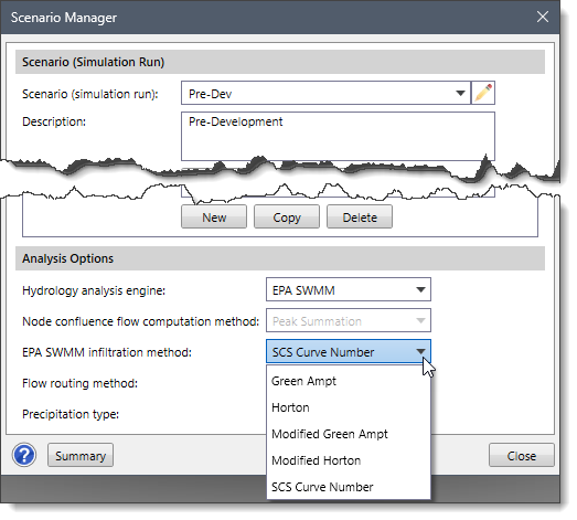 EPA SWMM infiltration method dropdown combo box