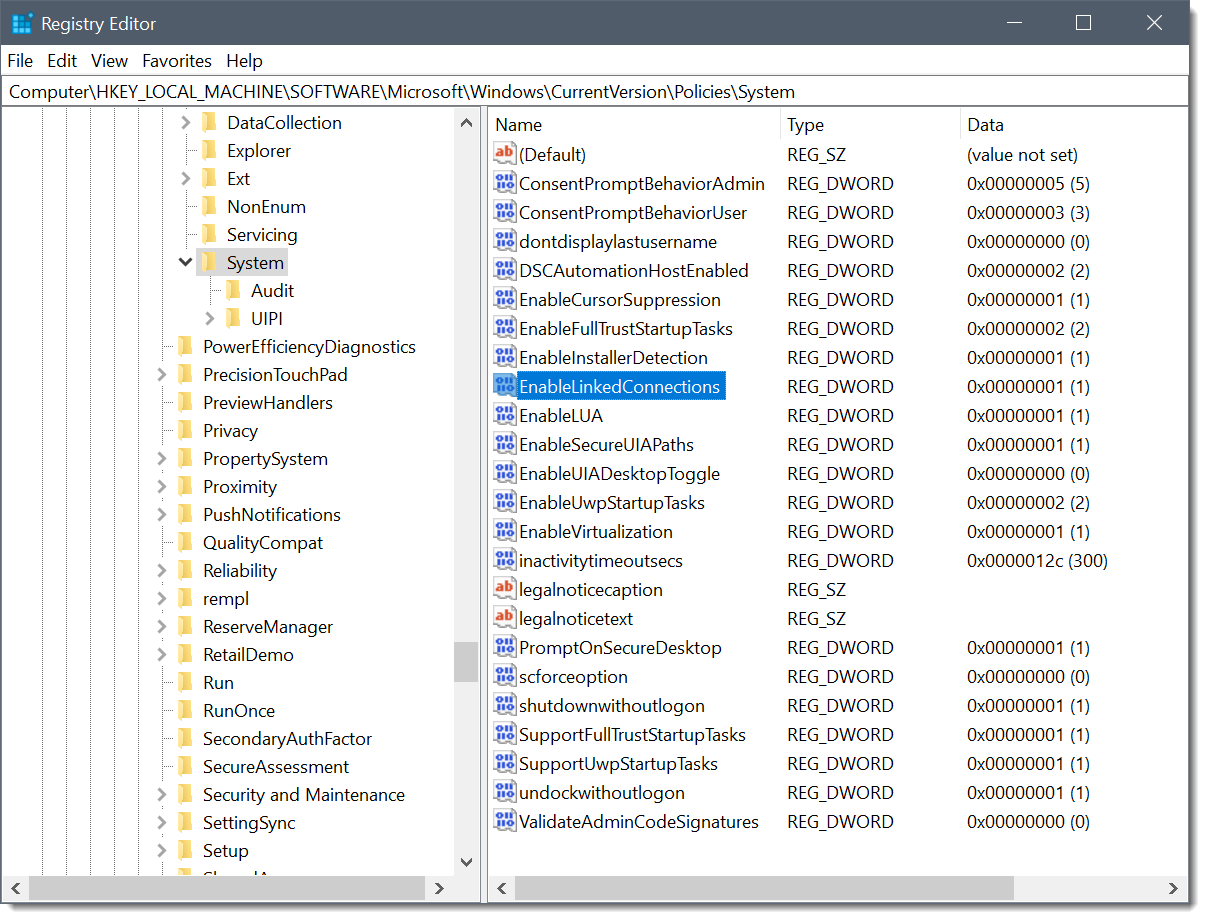 Registry Editor – EnableLinkedConnections