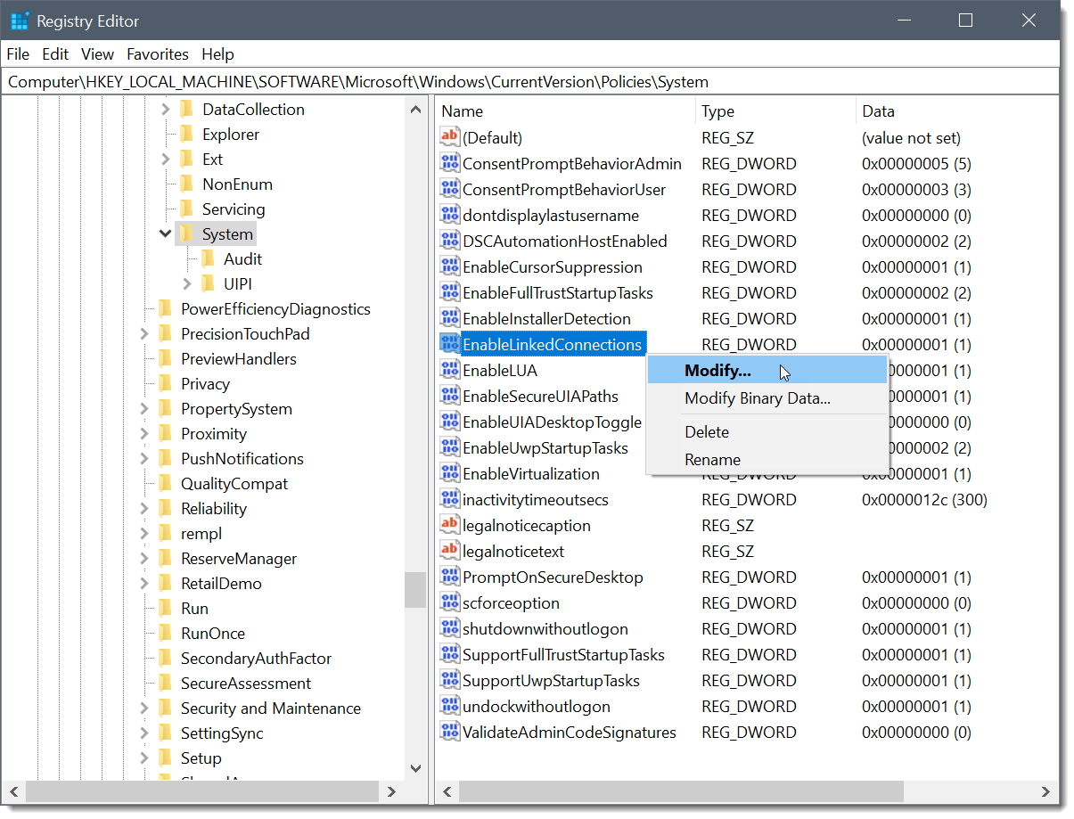 Registry Editor – EnableLinkedConnections2