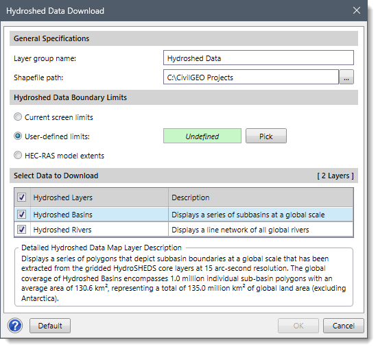 Hydroshed Data Download dialog box