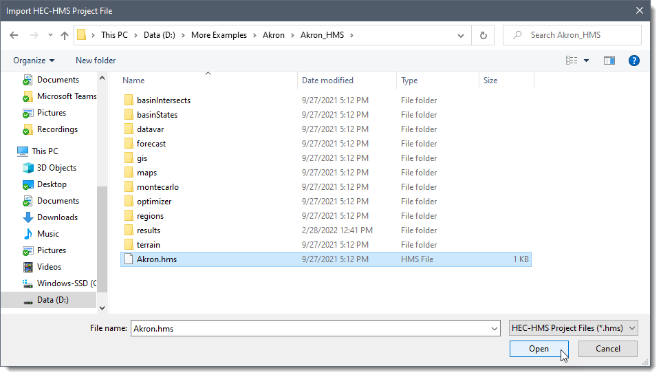 Import HEC-HMS project file open dialog box