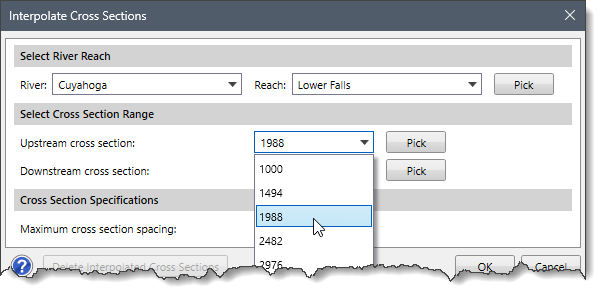 Upstream cross section dropdown combo box