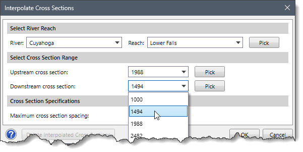 Downstream cross section dropdown combo box