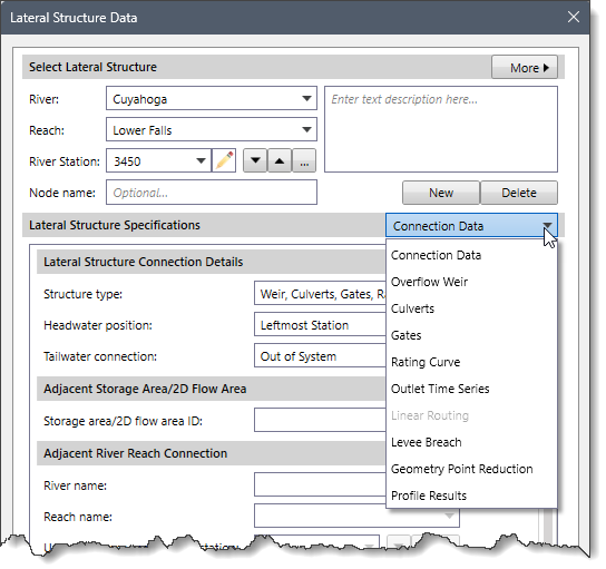 Lateral Structure Specifications dropdown combo box options