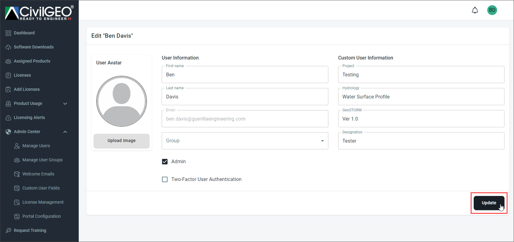 Update Button - Viewing Custom User Fields