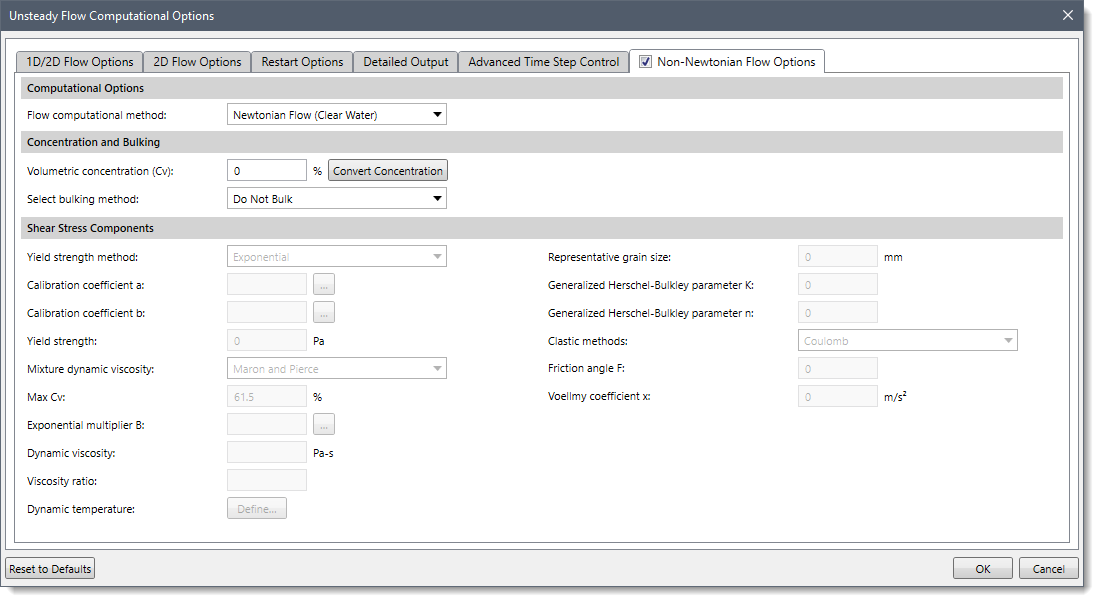 Non-Newtonian Flow Options panel of the Unsteady Flow Computational Options dialog box