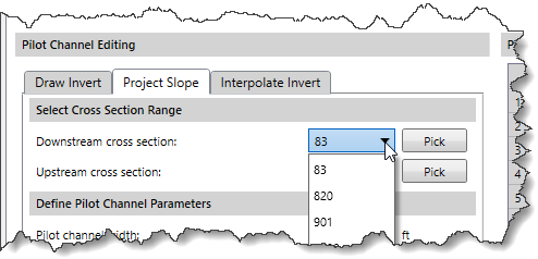 Downstream cross section dropdown combo box