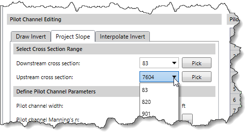 Upstream cross section dropdown combo box