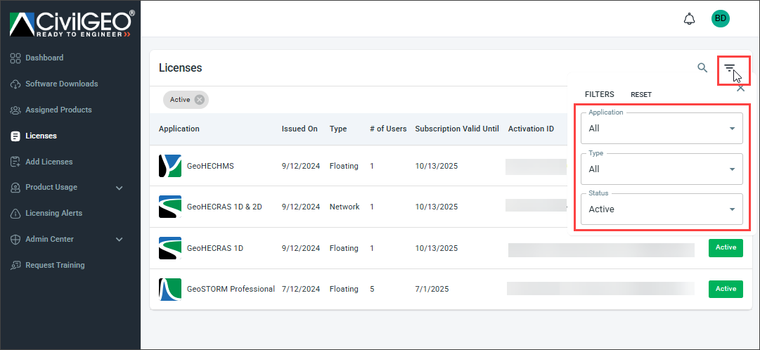 Licenses page - filter icon