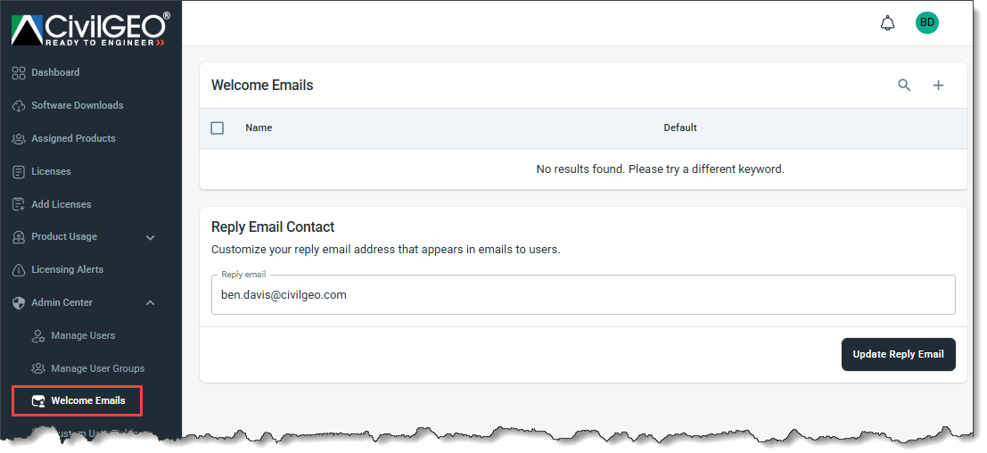 Welcome Emails option under the Admin Center menu item
