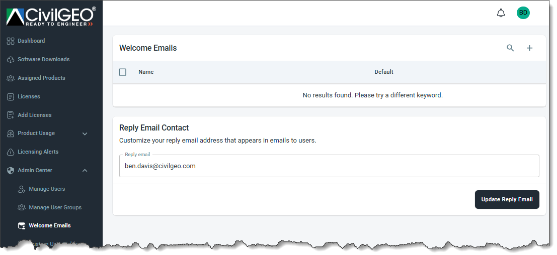 Welcome Emails page