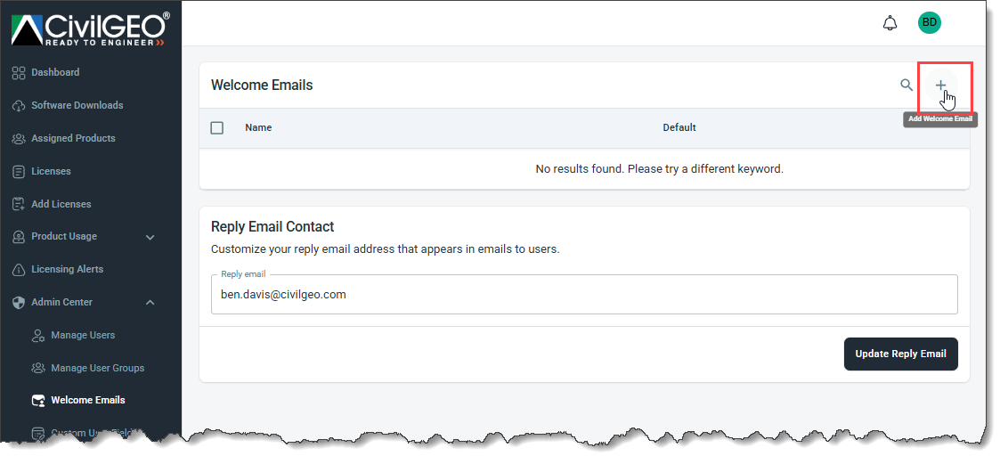 Welcome Emails page - add icon [+]