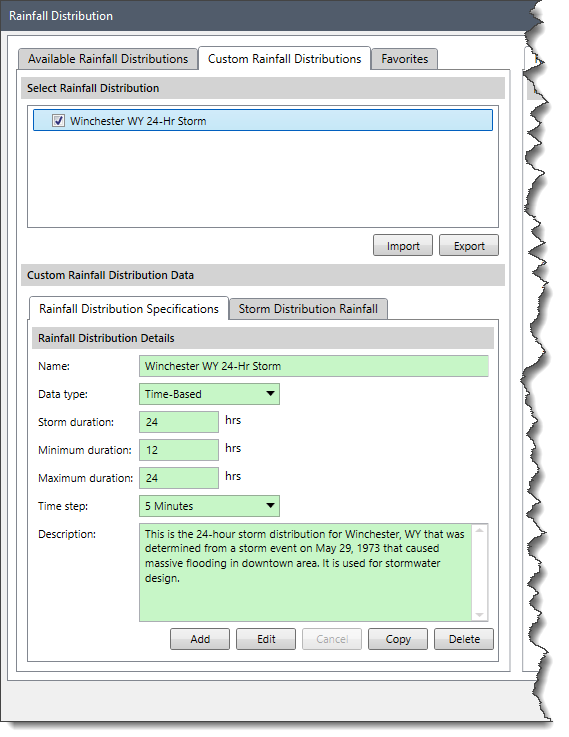 Custom Rainfall Distributions Panel