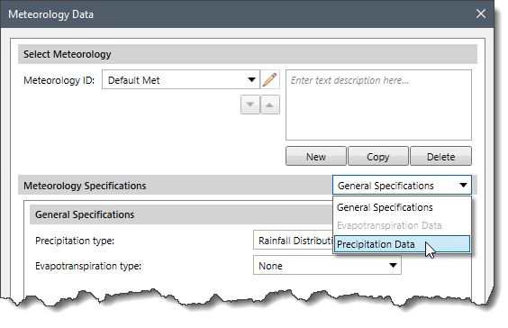 Precipitation Data - Meteorology Specifications Panel Selector