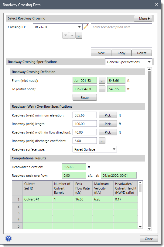 Roadway Crossing Data dialog box