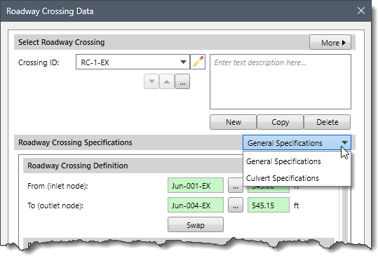 Roadway Crossing Specifications dropdown selector