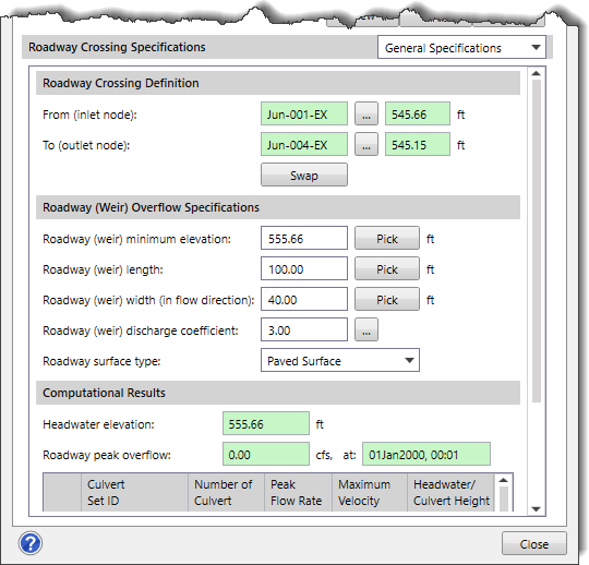 General Specifications data panel
