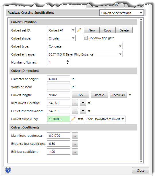 Culvert Specifications data panel