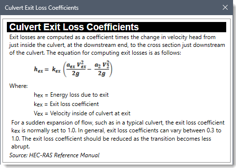 Culvert Exit Loss Coefficients lookup table dialog box