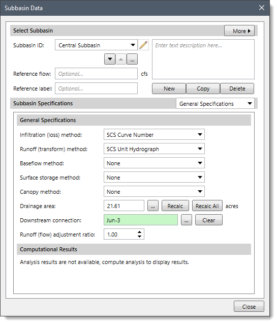 Subbasin Data Dialog Box