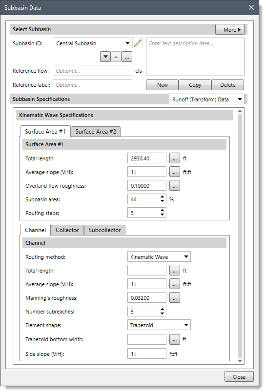 Runoff Method: Kinematic Wave Dialog Box