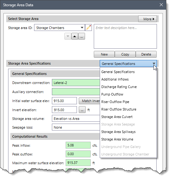 Storage Area Specifications dropdown combo box contains