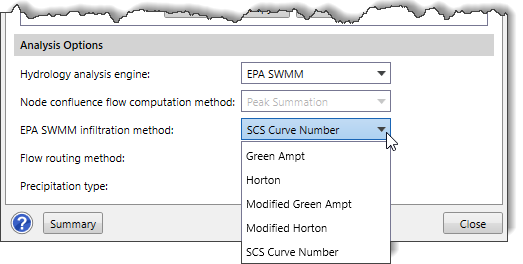 EPA SWMM infiltration method dropdown combo box